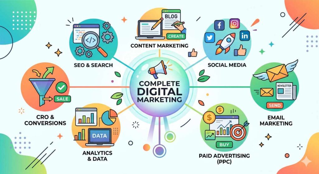 It includes content creation, optimisation, data analytics and convertion.