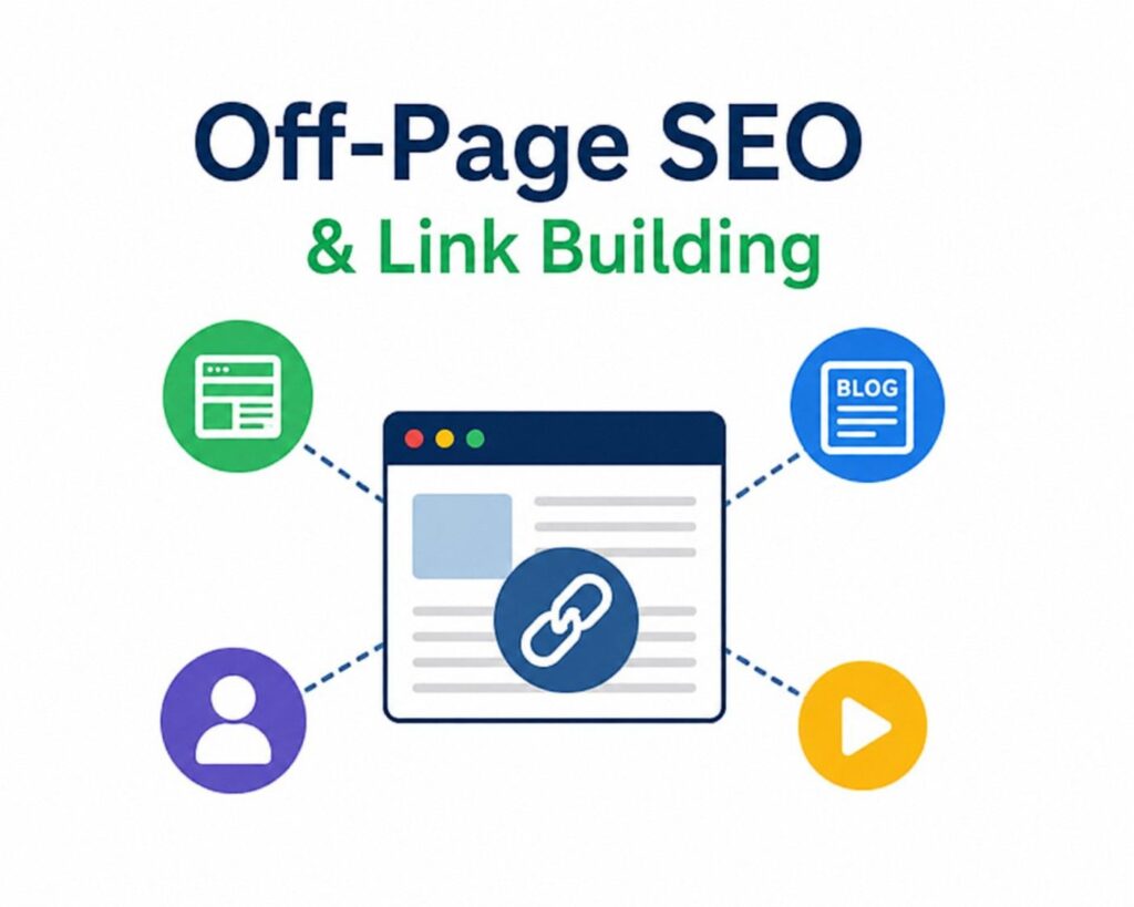 Off page SEO of backlinks, ranking and domain authority.